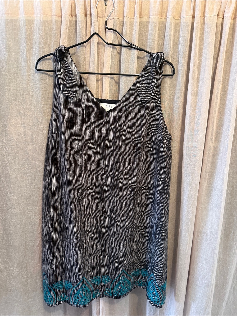 THML Black Sleeveless Midi Dress with Teal Hem Embroidery